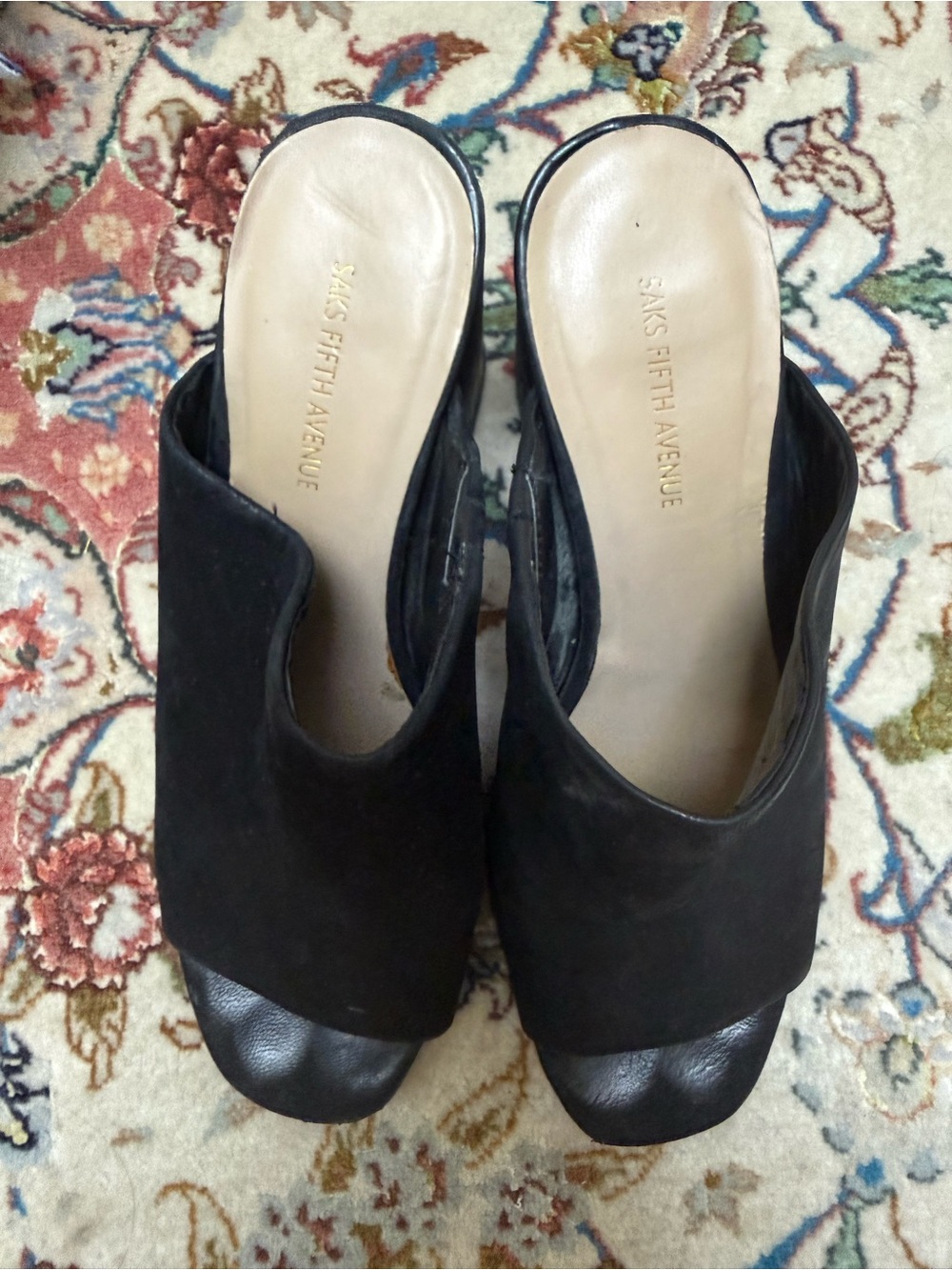 Saks Fifth Avenue Black Leather Peep-Toe Block Heel Mules – Size 7.5